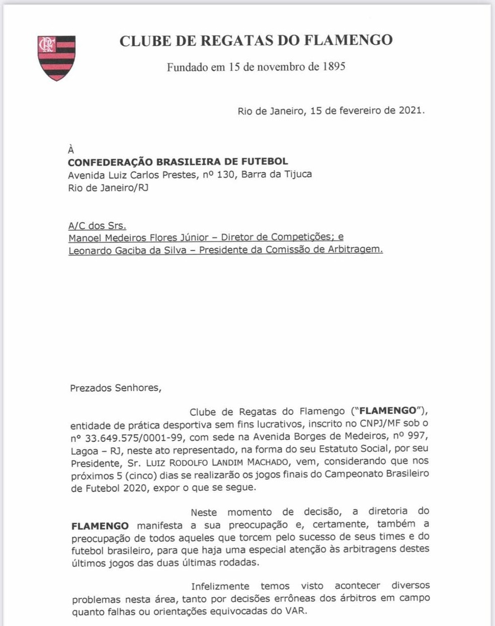 Ofício Flamengo Internacional arbitragem — Foto: ge