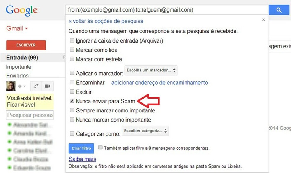 Criação de filtro no Gmail para receber e-mail direto na caixa de entrada (Foto: Foto: Reprodução:/ Marcela Vaz) — Foto: TechTudo