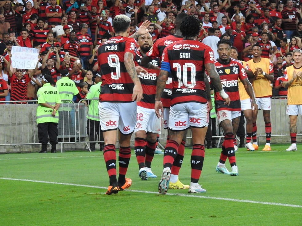Jogadores comemoram gol em Flamengo x Ñublense — Foto: Fred Gomes