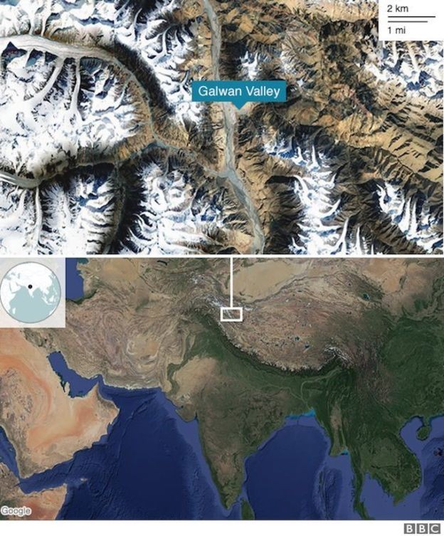 BBC - Mapa mostra região do vale de Galwan, onde muitos incidentes entre patrulhas indianas e chinesas têm sido registrados (Foto: BBC)