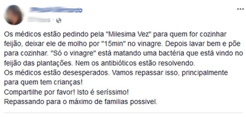 Mensagem sobre contaminação de feijão se espalha na internet (Foto: Reprodução/Facebook)