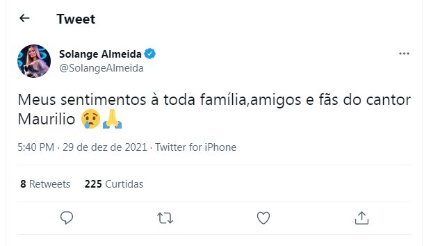 Solange Almeida lamenta morte do sertanejo Maurílio (Foto: Reprodução/Twitter)