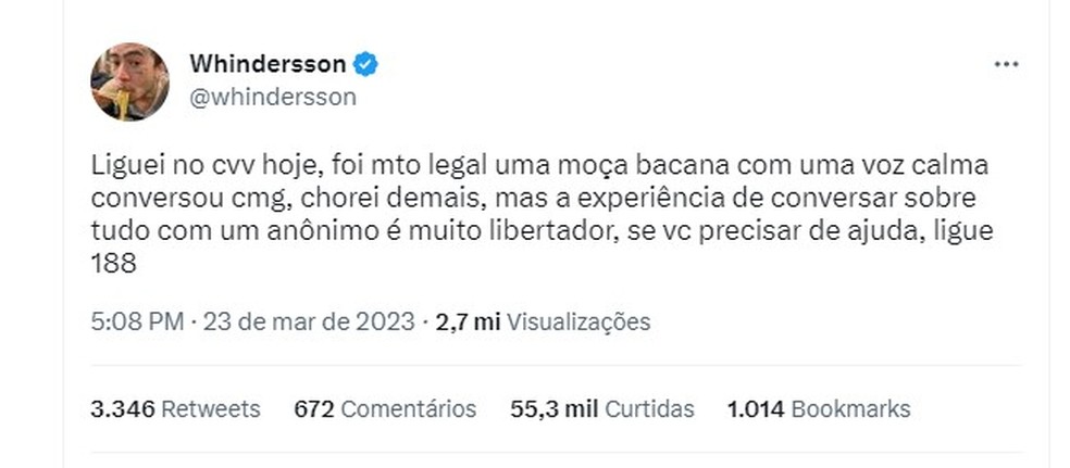 Whindersson Nunes fala de experiência ao ligar para o CVV — Foto: Reprodução/Rede Social