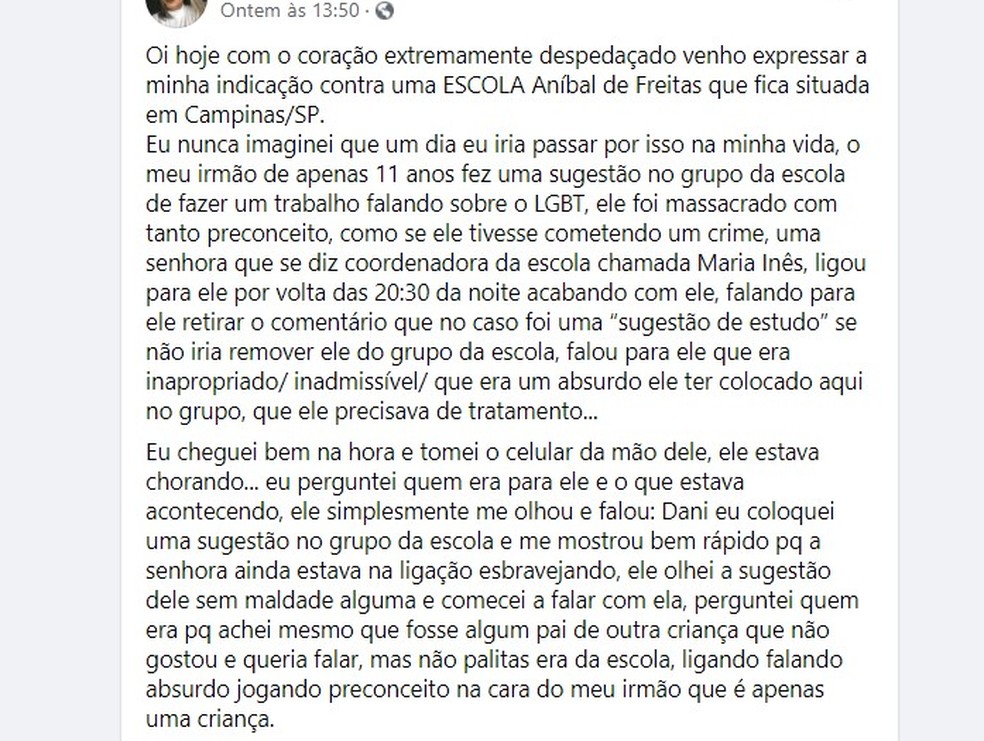 Trecho do relato escrito pela irmã do garoto no Facebook, após a denúncia de preconceito em Campinas — Foto: Reprodução/Facebook