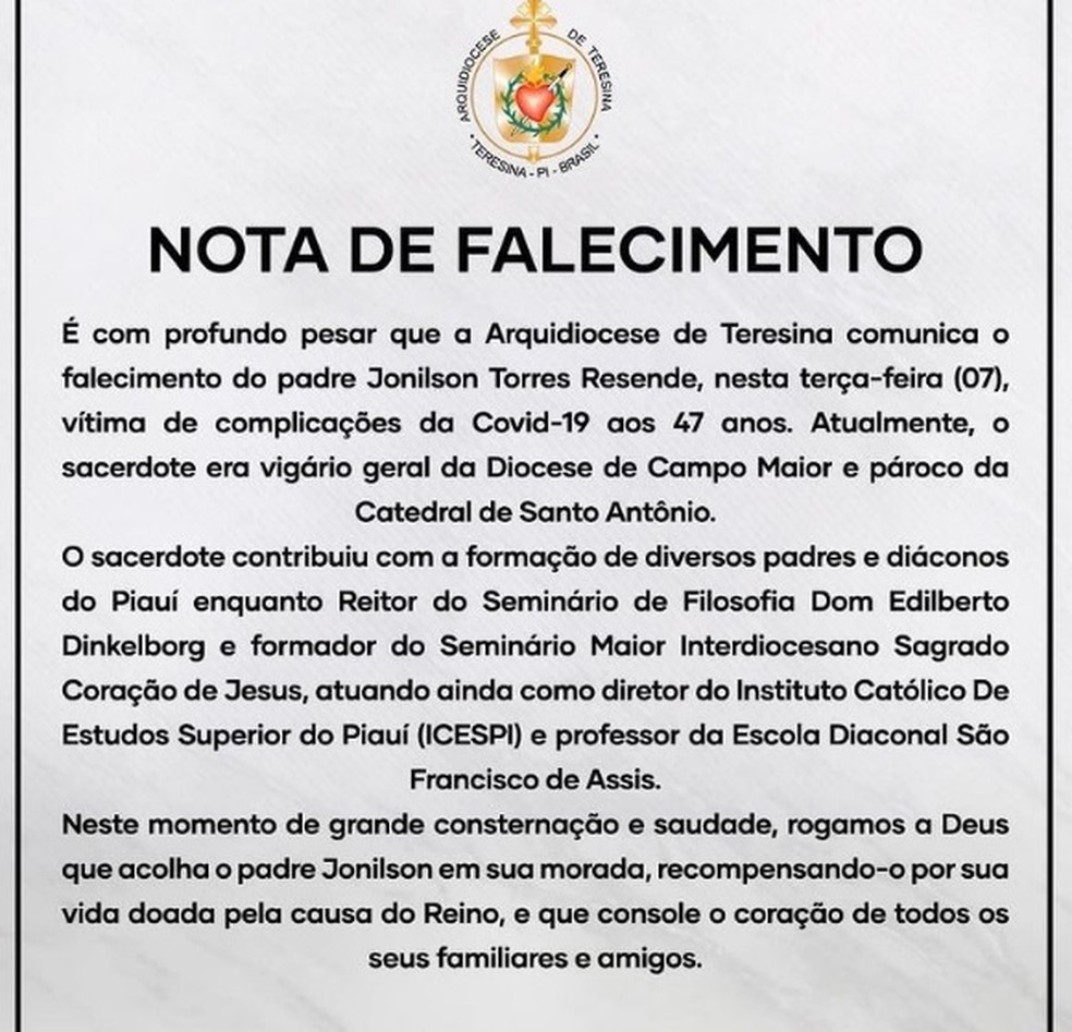 Nota da Arquidiocese de Teresina — Foto: Divulgação