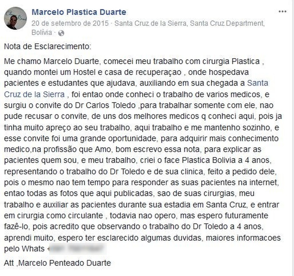 Em 2015, suspeito fez uma postagem no Facebook para explicar que apenas auxiliava as pacientes de uma pessoa chamada dr. Toledo (Foto: Reprodução)