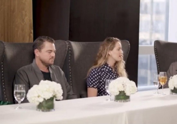 Leonardo DiCaprio e Jennifer Lawrence na entrevista em que foram surpreendidos pelo pum fake de Jonah Hill (Foto: Instagram)
