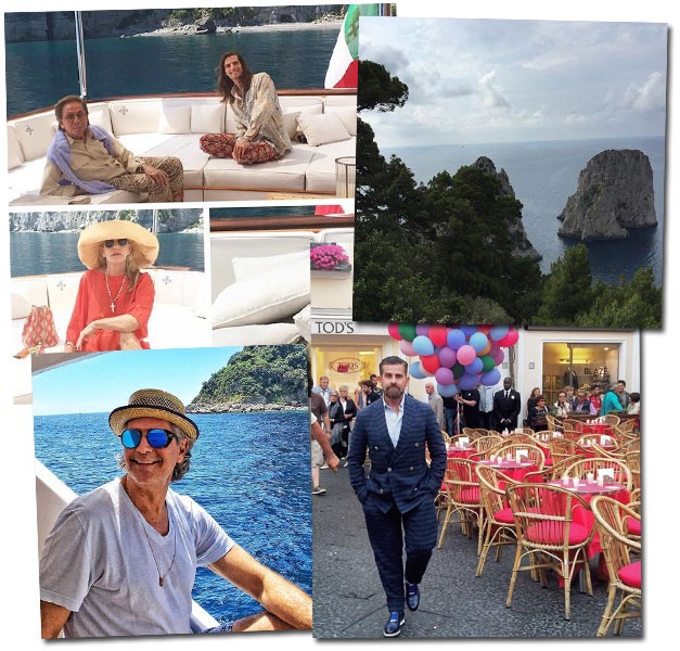 Valentino na companhia de Sean de Souza e Charlene Shorto, a paisagem registrada por Carlos Mota e Salvo Nicosia já na Piazzetta para a primeira parte da festa (Foto: Reprodução/Instagram)