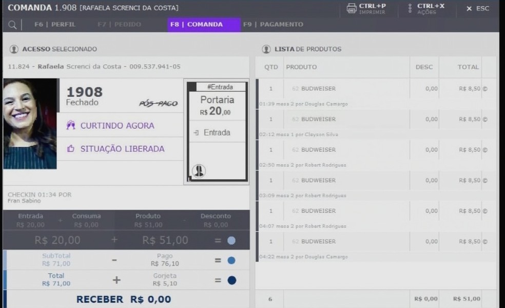 Ficha de consumação da motorista em casa noturna de Cuiabá — Foto: TVCA/Reprodução