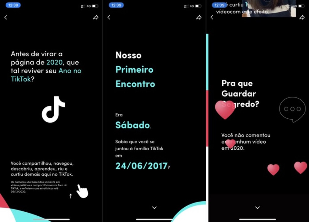 A retrospectiva 2020 do TikTok mostra quando o usuário criou a conta e número de comentários ao longo do ano — Foto: Reprodução/Helito Beggiora