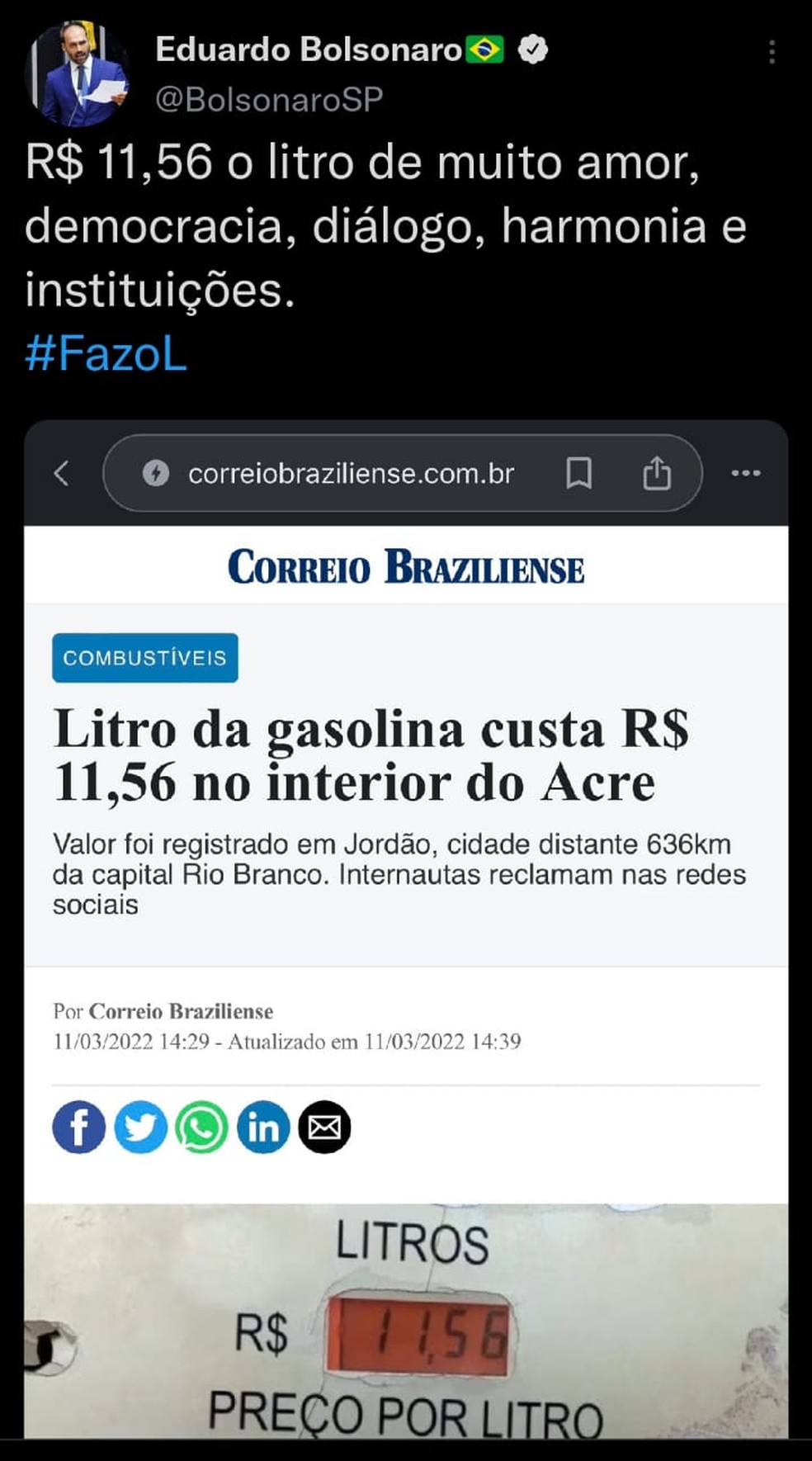 Eduardo Bolsonaro compartilhou notícia de 2022 como sendo atual — Foto: Reprodução/Redes sociais