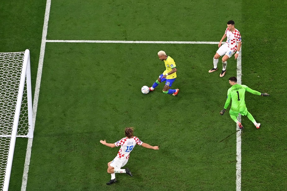 Neymar dribla o goleiro da Croácia, Livakovic, para marcar o gol do Brasil na prorrogação