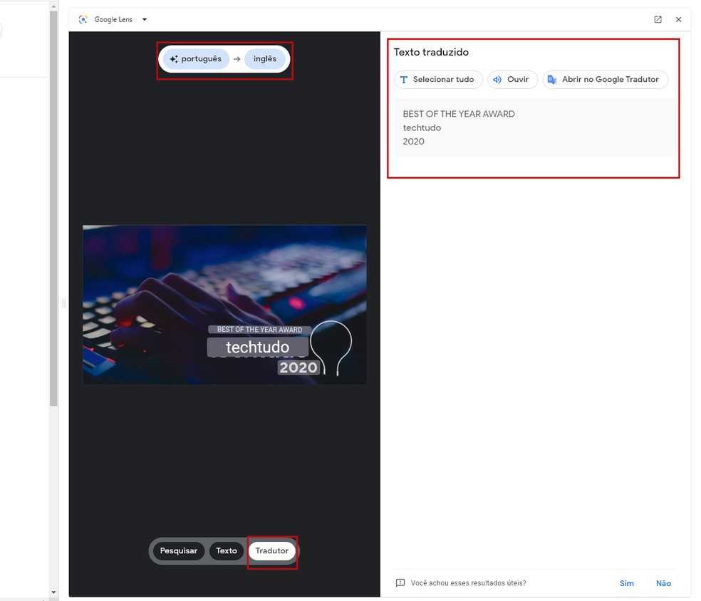 Traduzindo textos embutidos em imagens usando o Google Lens para PC — Foto: Reprodução/Barbara Mannara