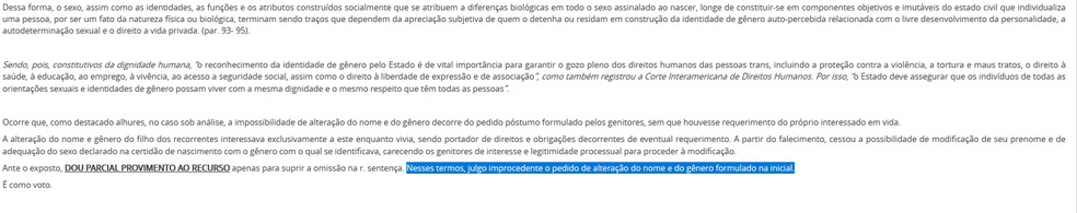 Trecho da decisão do TJDFT sobre nome social em atestado de óbito — Foto: TJDFT/Reprodução