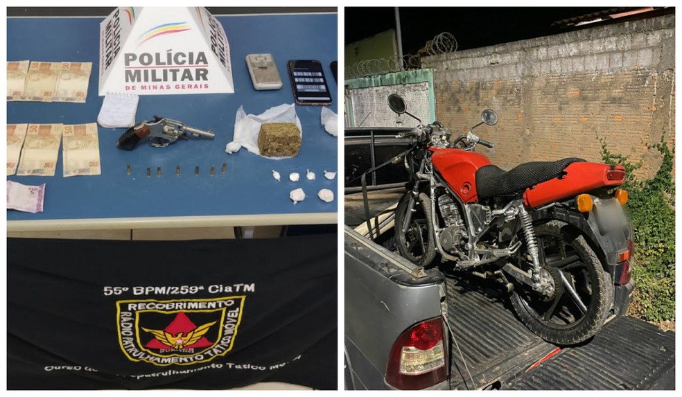 Polícia apreendeu drogas, arma e uma motocicleta — Foto: Polícia Militar/Divulgação