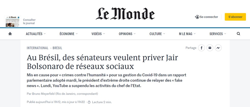 CPI da Covid: imprensa internacional destaca acusações contra Bolsonaro — Foto: Reprodução/Le Monde