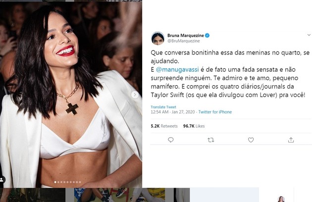 Bruna Marquezine está reunindo as revistas preferidas de Manu Gavassi para entregar quando ela sair do 'Big Brother Brasil'. A atriz também avisou que vai mandar fazer camisas para a torcida (Foto: Reprodução/Instagram)
