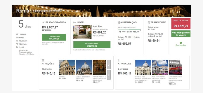 Site mostra preços de atividades, hotel, passagem e alimentação (Foto: Reprodução/Daniela Ferrari)