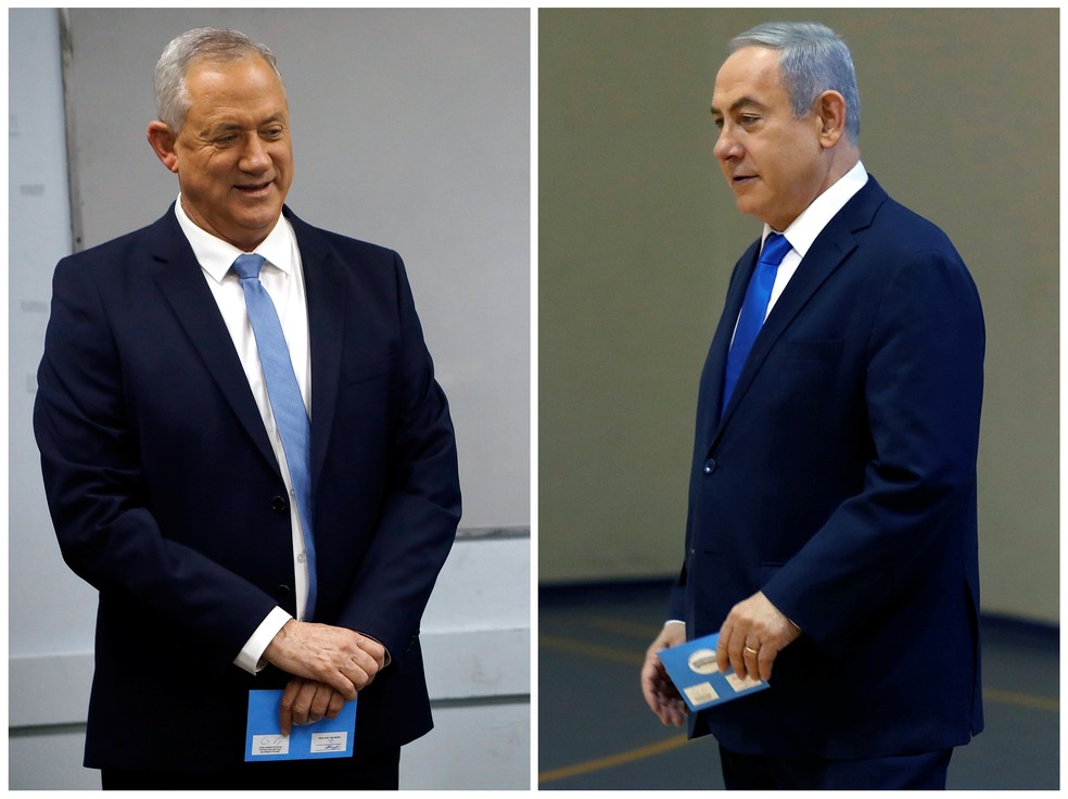 Benny Gantz e Benjamin Netanyahu votam nas eleições de Israel desta segunda-feira (2) — Foto: Nir Elias e Atef Safadi/Pool via Reuters/Arquivo 