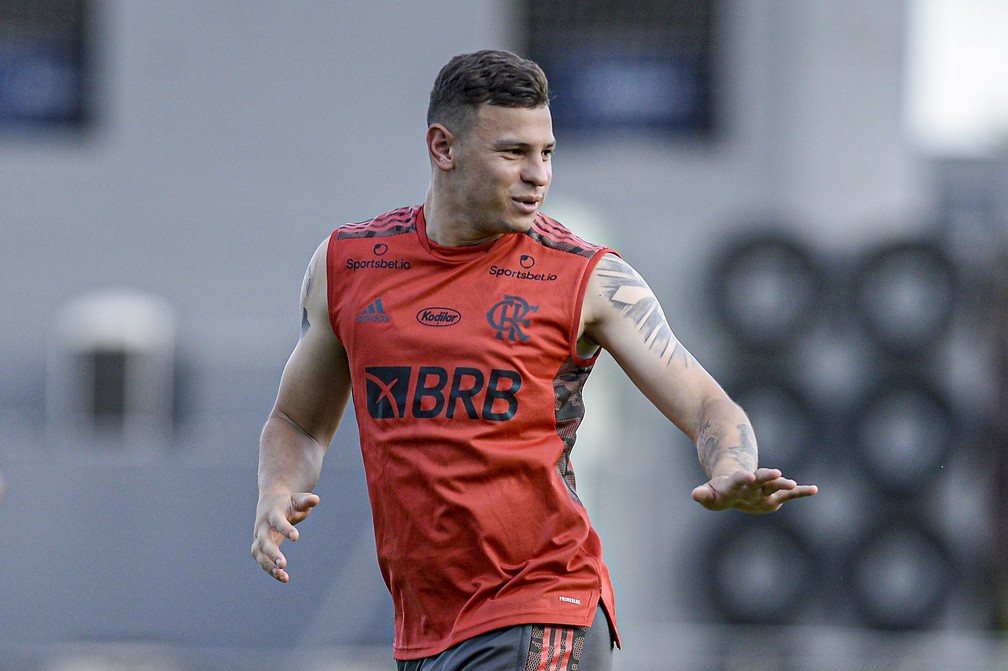 Hugo Moura durante treino do Flamengo no Ninho — Foto: Marcelo Cortes/Flamengo