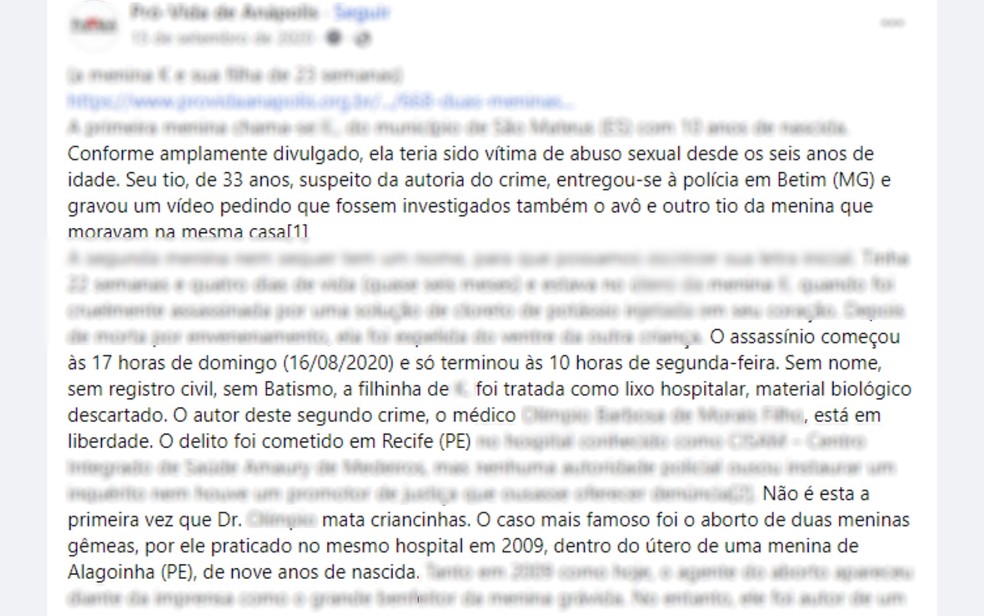 Post feito por associação presidida por padre que chamou médico de assassino — Foto: Reprodução/Facebook