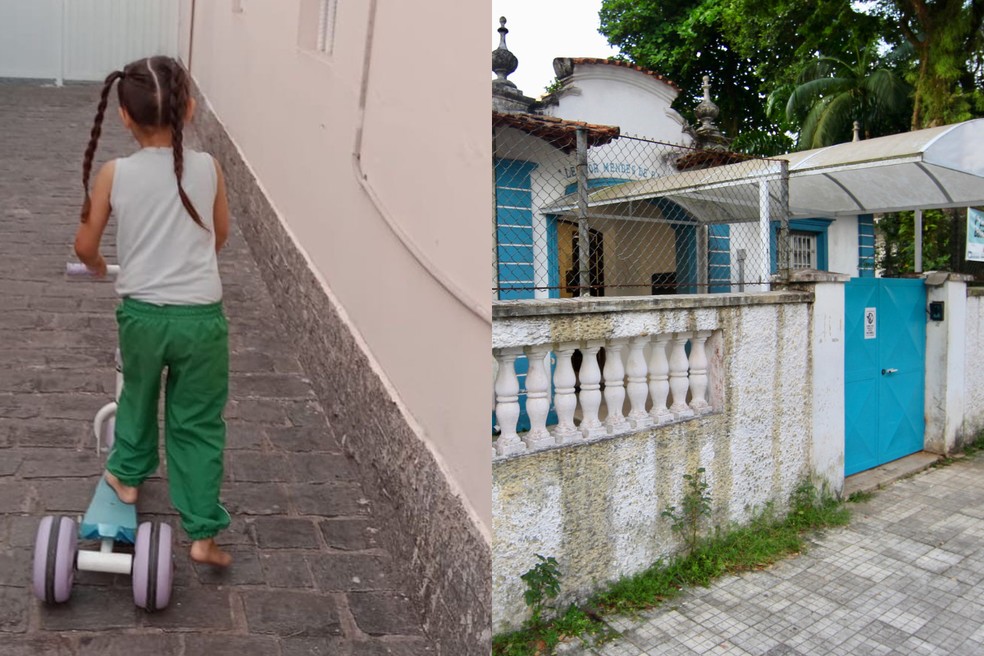 Criança de 5 anos com autismo sai sozinha de escola, em Santos (SP), sem que funcionários percebessem — Foto: Arquivo Pessoal e Vanessa Rodrigues/A Tribuna Jornal