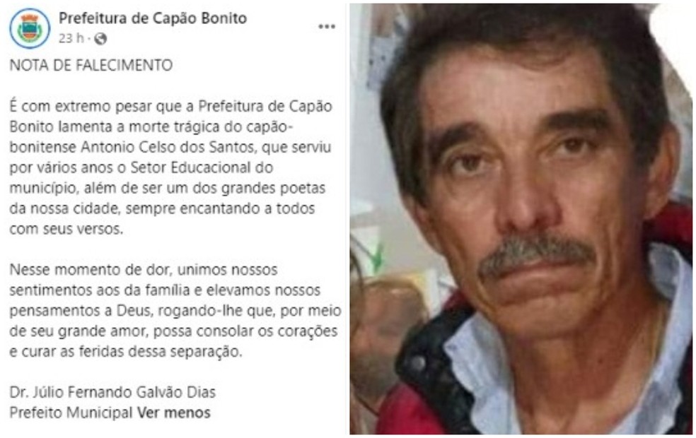 Prefeitura de Capão Bonito lamenta morte de artista  — Foto: Facebook/ Reprodução 