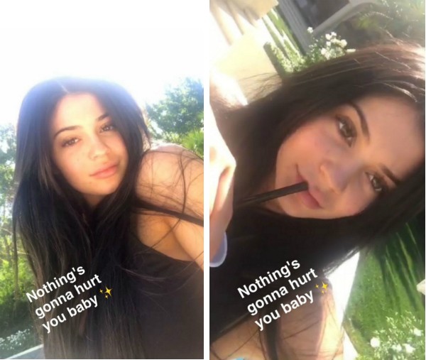 A socialite Kylie Jenner provocando seus seguidores com mensagem sobre o suposto bebê (Foto: Snapchat)