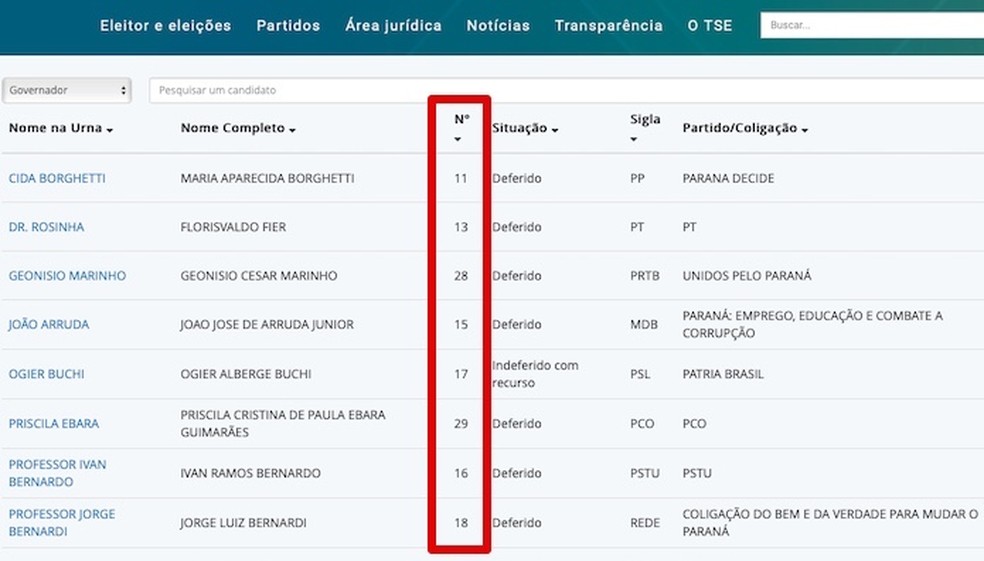 Visualize número dos candidatos no site do TSE — Foto: Reprodução/Helito Bijora