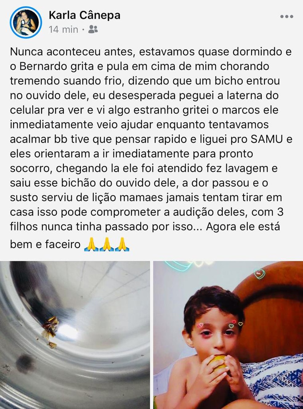 Mãe usou o Facebook para falar sobre o episódio ocorrido com o filho em MS — Foto: Facebook/Reprodução