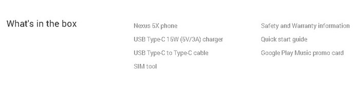 Lista de itens na caixa do Nexus 5X tem apenas cabo USB-C (Foto: Reprodução/Google Store)