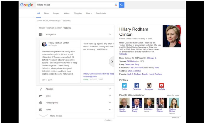 Candidata Hillary Clinton teve seu posts exibido no topo da tela de buscas (Foto: Reprodução/Arstechnica)