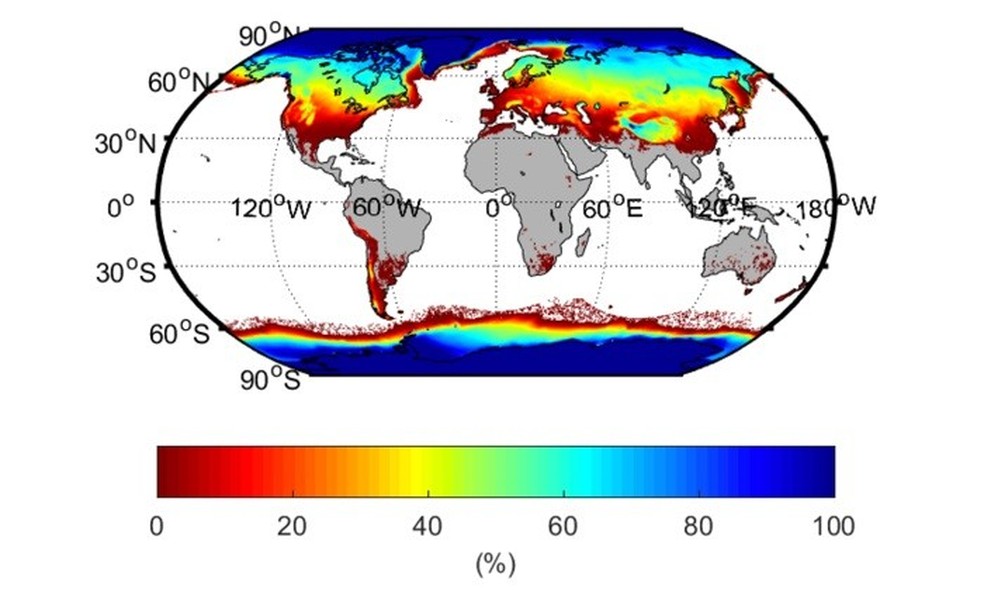 Mapa mostra por cores a porcentagem de áreas com gelo, neve ou solo congelado durante algum período entre 1981 a 2010 — Foto: Foto: Peng et al.
