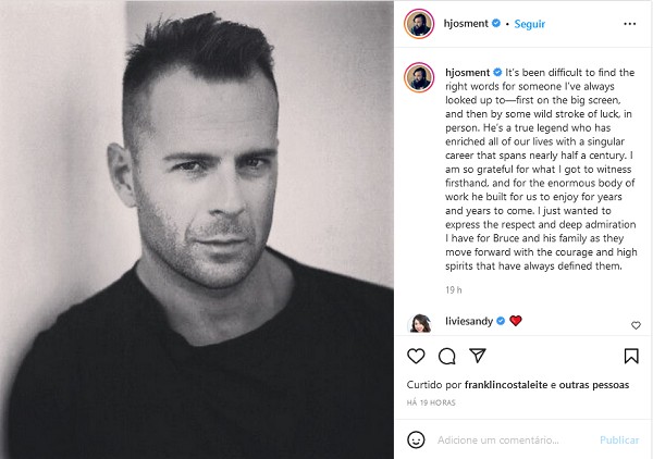 O post do ator Haley Joel Osment dedicado ao amigo Bruce Willis, seu colega de elenco em O Sexto Sentido (1999) (Foto: Instagram)