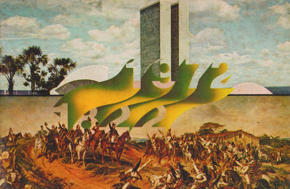 Montagem sobre a tela de Pedro Américo e a representação do Congresso Nacional, feita para a comemoração do Sesquicentenário da Independência, em 1972 — Foto: Divulgação de “O Sequestro da Independência” (Companhia das Letras)