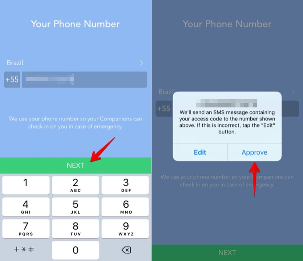 Entre com o seu número de telefone no Companion Safety App — Foto: Reprodução/Helito Bijora