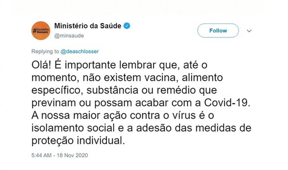 Postagem do Ministério da Saúde que foi apagada dizia que não há remédios contra a Covid-19 e que o isolamento é a maior prevenção — Foto: Reprodução