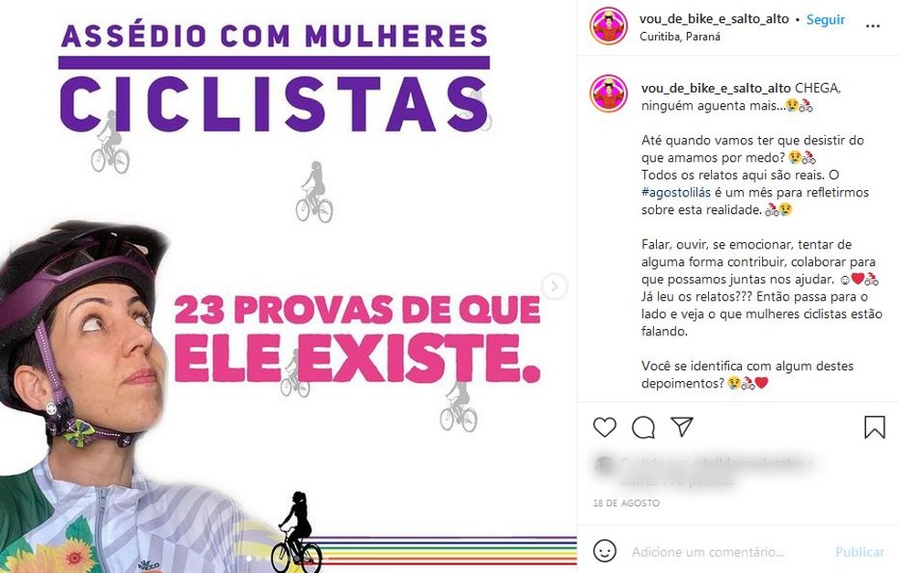 Nas redes sociais, Viviane faz postagens de conscientização sobre o o problema do assécio contra ciclistas — Foto: Reprodução/Instagram