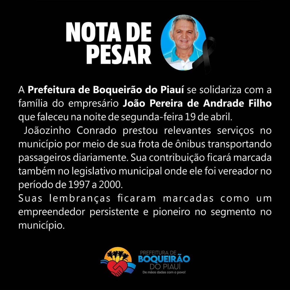 Nota de pesar Joãozinho Conrado — Foto: Divulgação