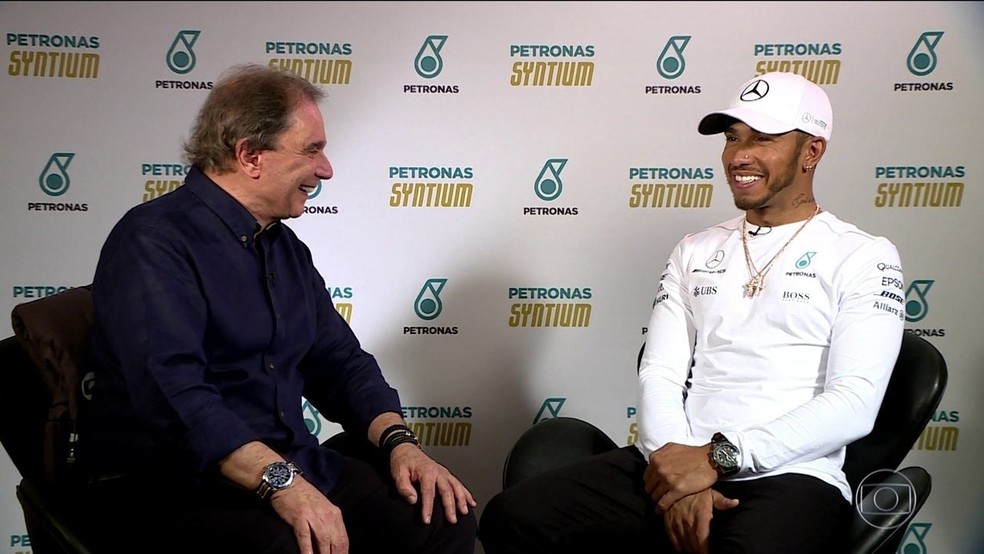 Em 2018, Reginaldo Leme fez entrevista com Lewis Hamilton — Foto: Acervo pessoal
