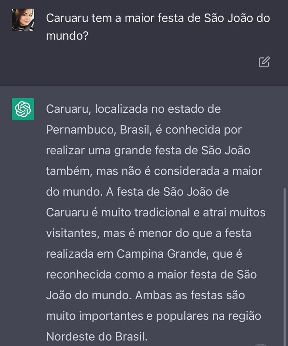 ChatGPT fala sobre So Joo de Caruaru  Foto: Reproduo/ChatGPT