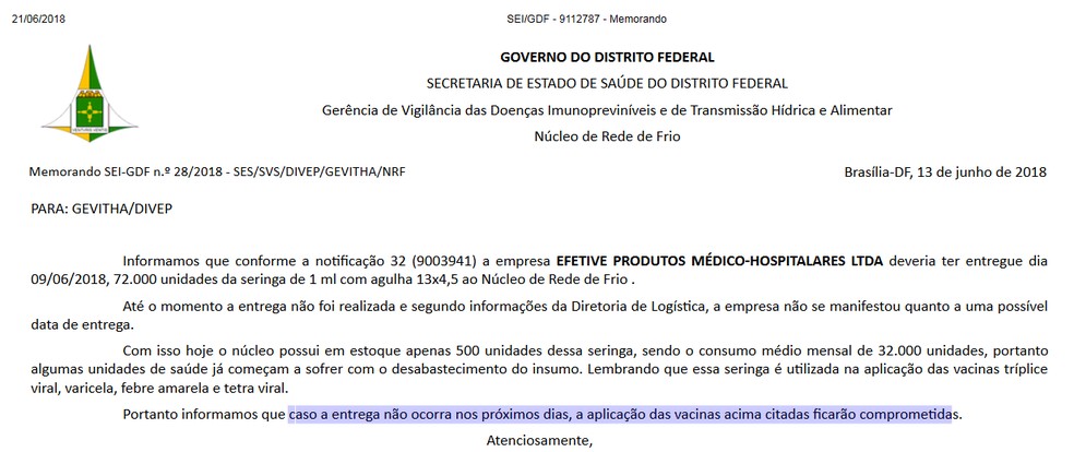 Memorando pede reabastecimento de estoque de seringas na Rede de Frio do DF (Foto: Reprodução)