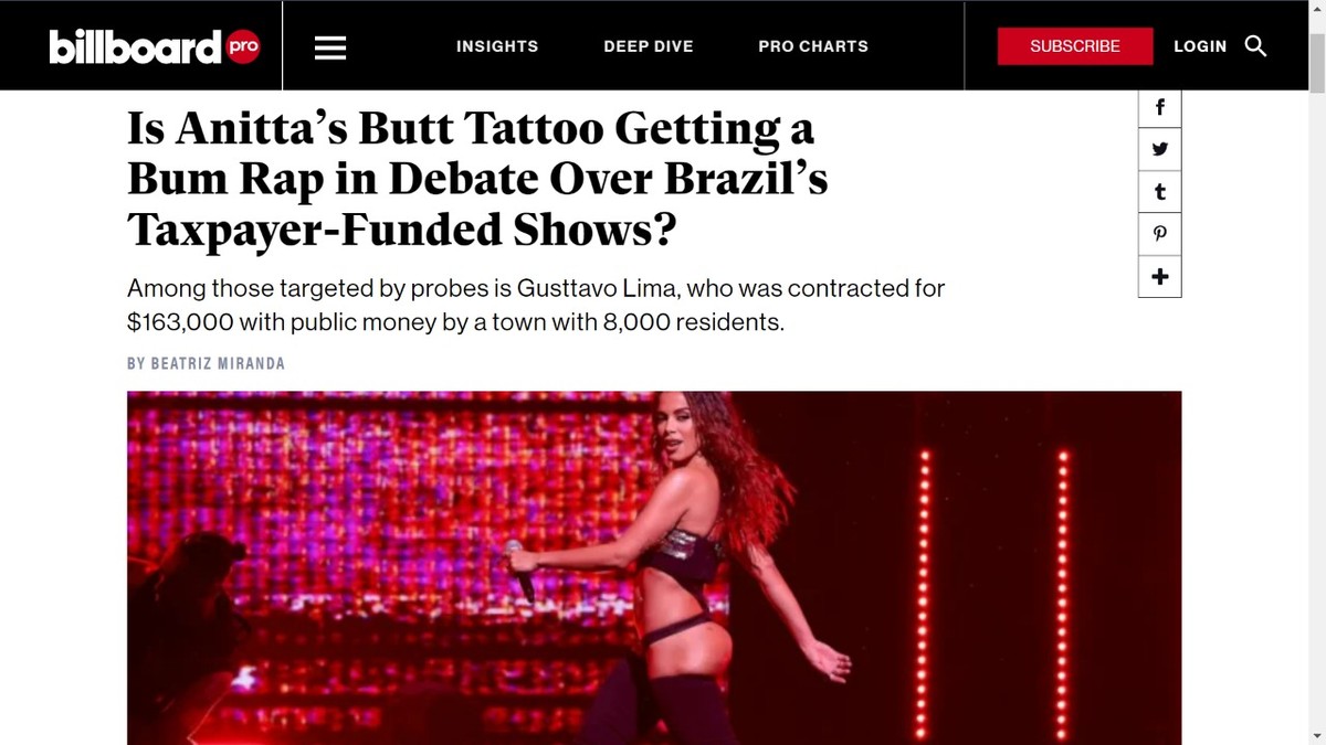 ‘Tatuagem na bunda de Anitta’: revista ‘Billboard’ repercute polêmica sobre tatuagem no ‘tororó’ e caches de sertanejos |  Música