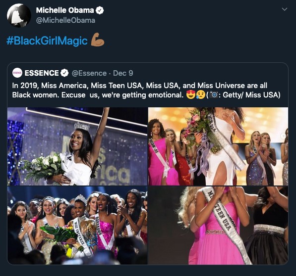 O post da ex-primeira-dama Michelle Obama celebrando as vitórias das atuais Miss America, Miss Teen USA, Miss USA e Miss Universe (Foto: Twitter)