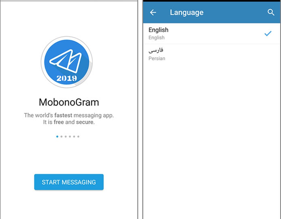 Aplicativo MobonoGram 2019 oferecia duas opções de idioma e funções clonadas do Telegram. — Foto: Reprodução/Symantec