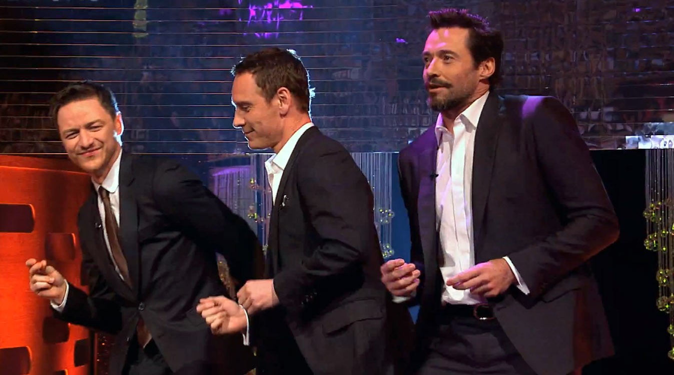 Hugh Jackman, Michael Fassbender e James McAvoy no 'The Graham Norton Show' (Foto: Reprodução/YouTube)