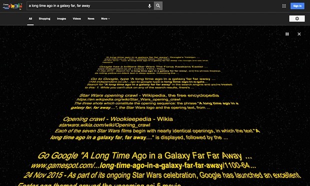 Se você é apaixonado por Star Wars e sempre quis ler os resultados das pesquisas que faz nos moldes doscréditos do filme da saga, basta digitar “a long time ago in a galaxy far, far away” na barra de buscas (Foto: Reprodução)