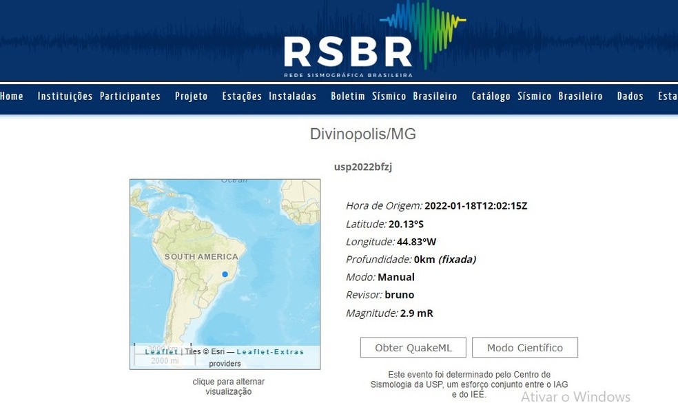 Tremor de terra de magnitude 2.9 foi registrado nesta terça-feira (18) em Divinópolis  — Foto: RSB/Reprodução