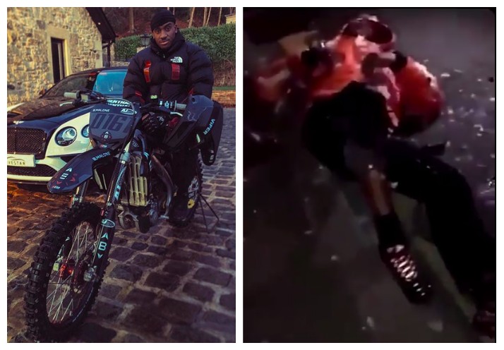 O rapper inglês Bugzy Malone aparece caído e desacordado em um vídeo feito por testemunha do acidente sofrido por ele em Manchester (Foto: Instagram)