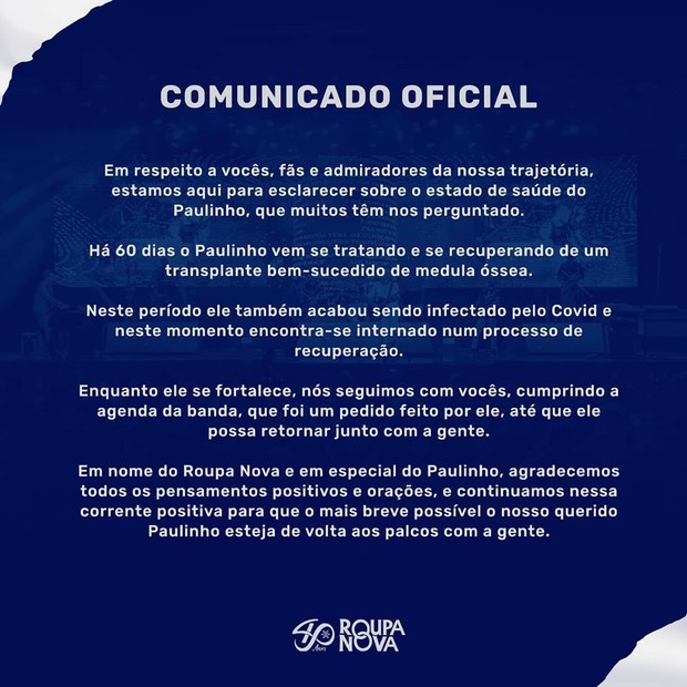 Comunicado sobre internação de Paulinho, do Roupa Nova (Foto: Reprodução/Instagram)